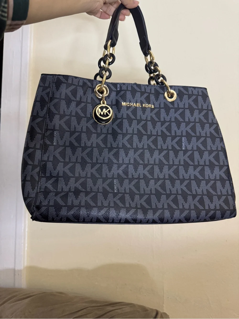Michael Kors Black MK Signature Satchel with Gold Hardware